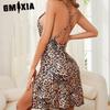 GMXIA Ice Silk Nightgown Women Summer Leopard Sexy Pure Desire Wind Sling Sleepwear