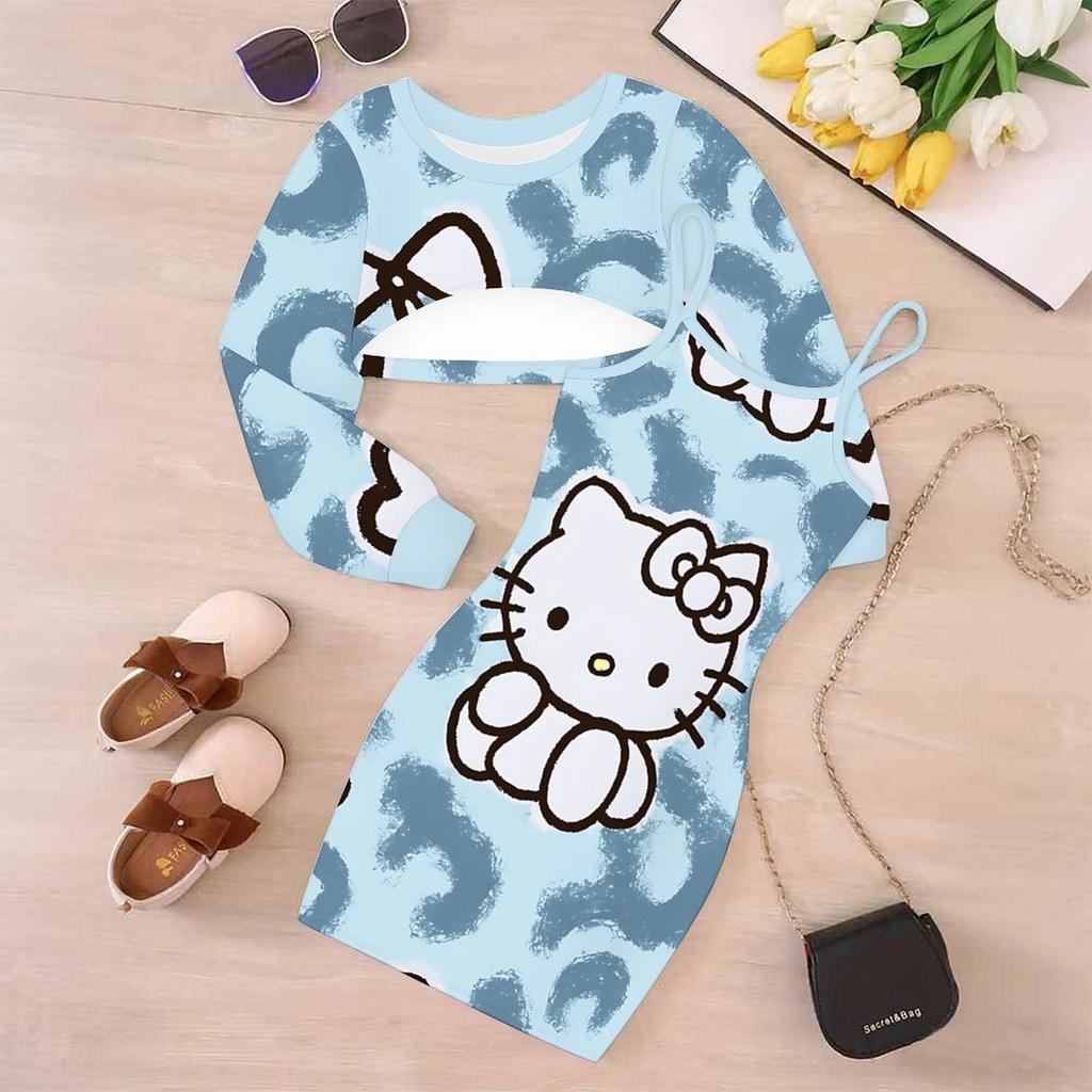 Girls Cartoon 2 Piece Outfits, Long Sleeve Crop Top + Spaghetti Strap Bodycon Dress, Vibrant Cartoon Print Party Dress Set