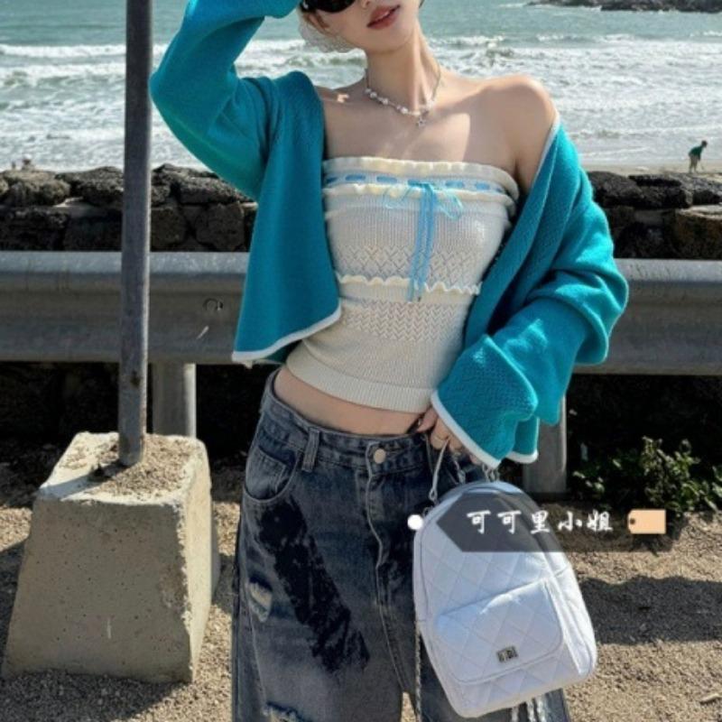 Holiday style long-sleeved knitted cardigan Spice Girl lace-up chic tube top women's spring new fashion suit