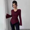 Women Solid Off Shoulder Slim Fit Ribbed Knit Long Sleeve Commute Bottoming Top