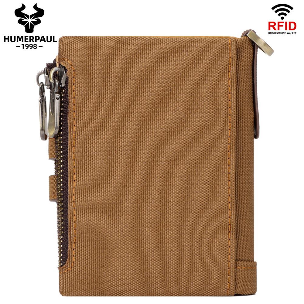 HUMERPAUL Men cowhide wallet Oxford cloth RFID anti-theft credit card bag coin purse with chain wallet with photo window