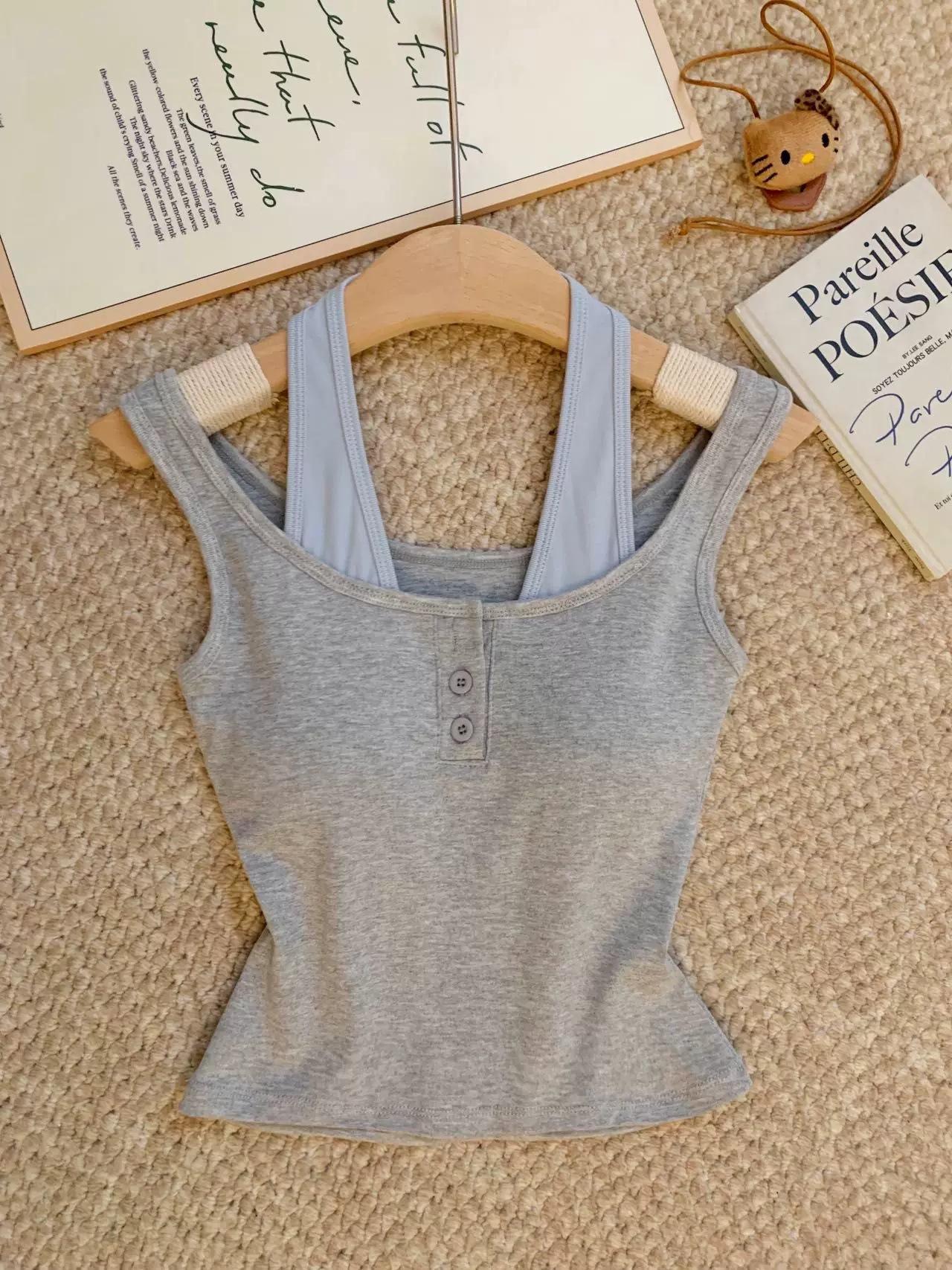 Gray Faux Two-Piece U-Neck Tank Top for Women Stunning Beautiful and Elegant Summer Sleeveless Layering Top