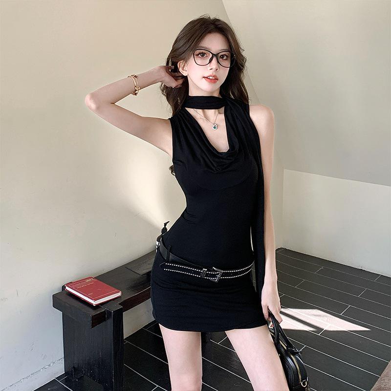 Sommer 2025 Amerikanisches Scharfes Bodycon Mini-Kleid mit Neckholder Wasserfallausschnitt - Sexy, Taillenbetonender Schwarzer Rock