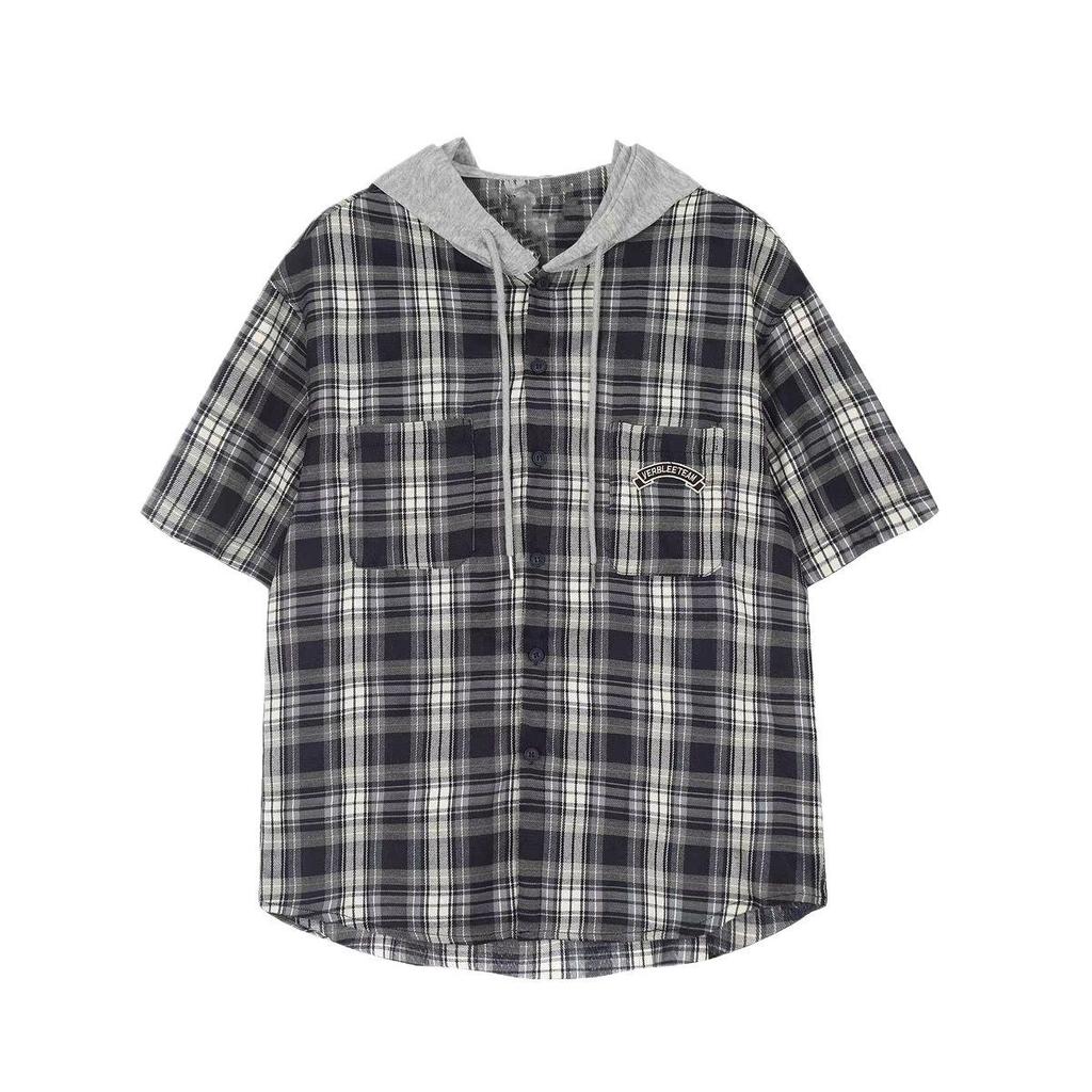 Hooded Short-sleeved Shirt Women's Design Sense Niche Summer Loose Plaid Shirt Trendy Commute Outside Vintage Loose Women Casual Top