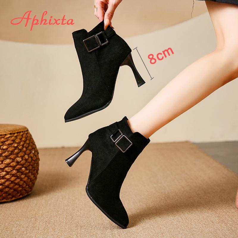 Fashion Aphixta Faux Suede Women Ankle Boots Sexy 8cm High Heels Zipper Close Modern Boots Shoes Woman Boats Botines Para Mujeres Size42
