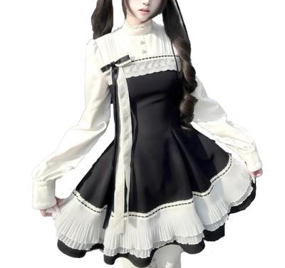 MODKOKU Gotisches Lagen-Lolita-Kleid aus Kunstleder mit Schleifenbund und ordentlichem, mini-süßem französisch-mädchenhaftem Stil, Halloween, aristokratische Dame, Lang, XL, Damen