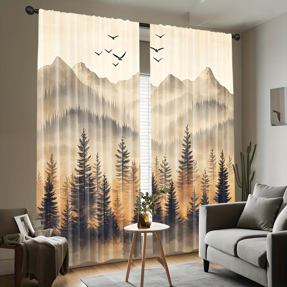 2PCS Digital Printed Curtains, Mountain Forest Flying Birds Nature Scene, Window Drapes for Living Room Bedroom Home Decoration