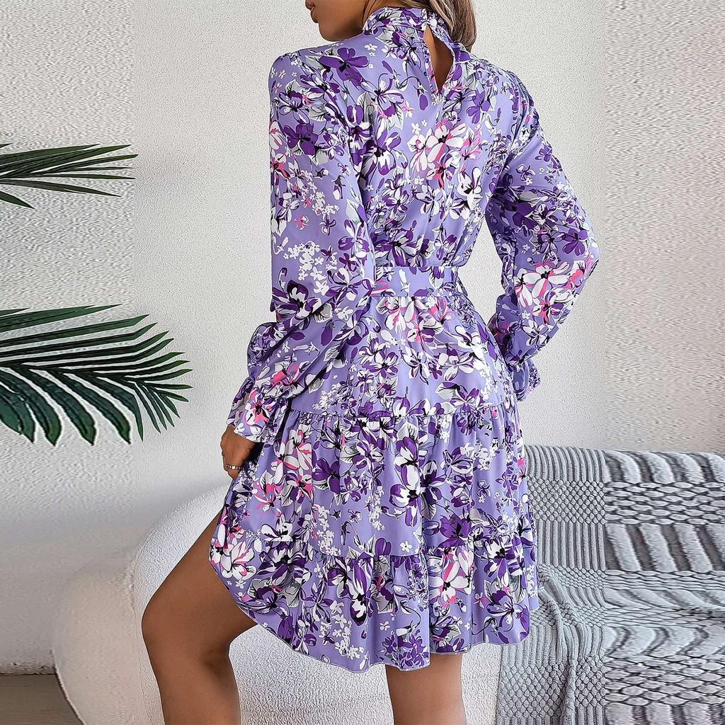 Women's Casual Stand-up Collar Flower Waist Long Sleeve Ruffled A-line Dress