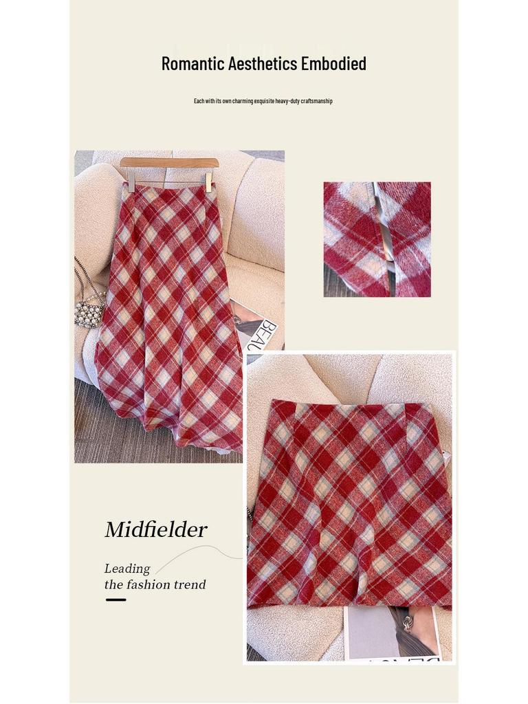Plus Size Retro Red Plaid Woolen High Waist Slimming Mid-Length Skirt for Autumn/Winter.