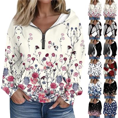 Women's Fashion Printing Long Sleeve Loose Half Zippered Hoodie With Pockets
