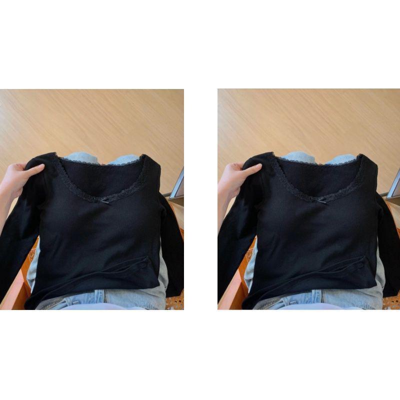 Petite Slim-Fit Women's Long-Sleeve White Lace T-shirt, Korean Style, Autumn/Winter, Gentle Inner Layer, Highlights Collarbone