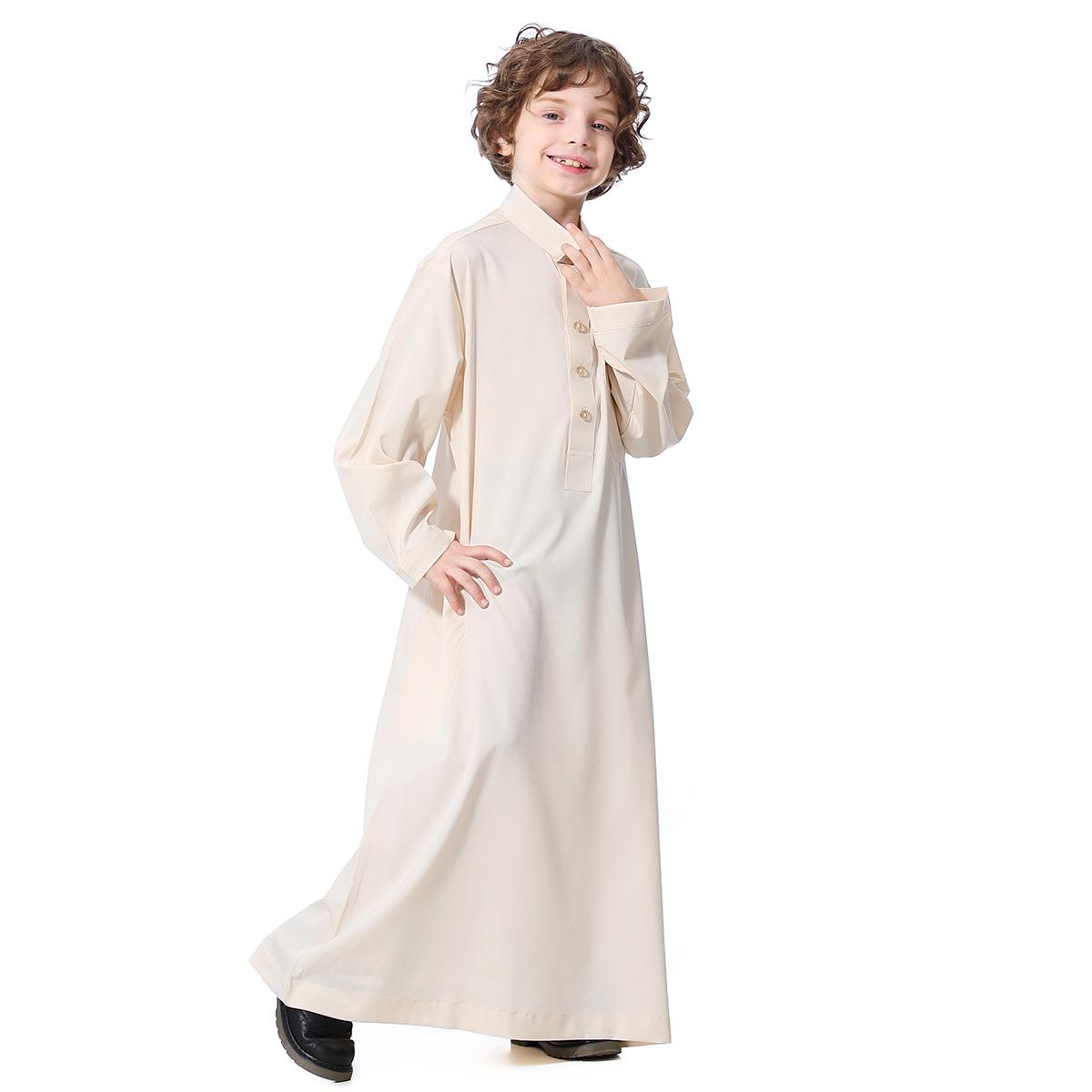 

Middle East Teen Boys Stand-Up Collar Solid Robe - Southeast Asia Arab Hui Ethnic Costume 110cm бежевий