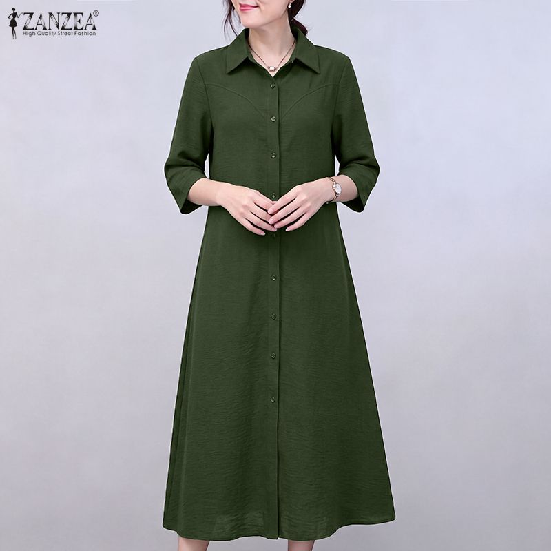 ZANZEA Women Casual Turn Down Collar Loose 3/4 Sleeve Shirt Dress