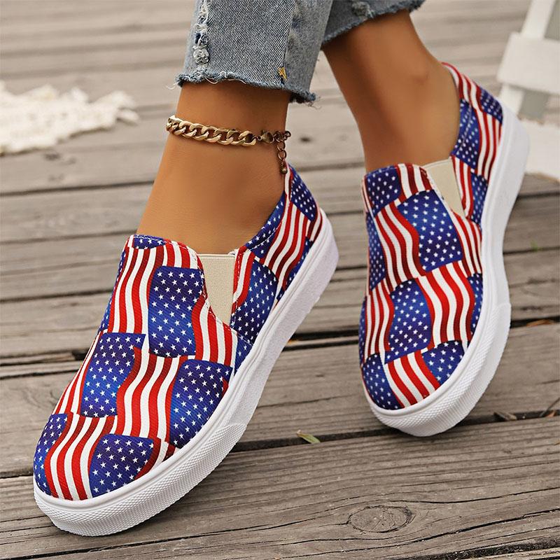 Sneakers zum Unabhängigkeitstag, Damen-Segeltuchschuhe, Espadrilles mit Aufdruck zum 4. Juli, Plateau-Freizeitschuhe, weiche flache Slip-on-Loafer