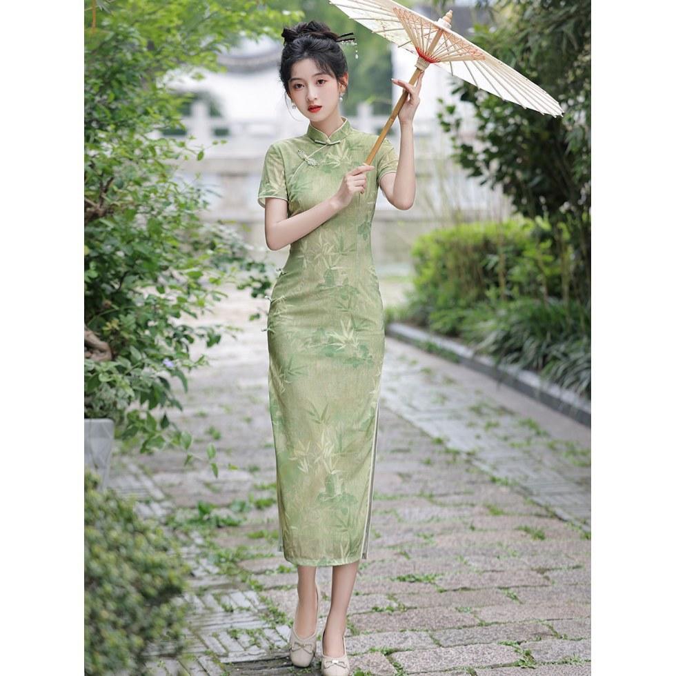 Grüner Cheongsam Damen Sommer Jung Hochwertig Lang Täglich Verbesserung