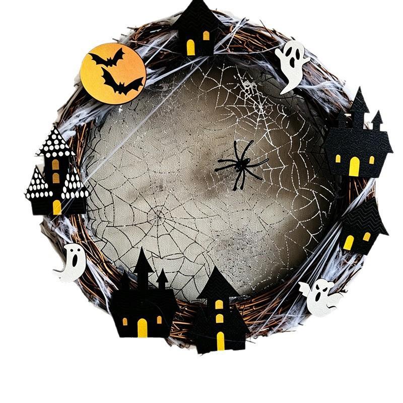 Halloween Door Wreath Bat House Decor Hanging Ornament Spider Web Theme Party Decoration Wooden Craft