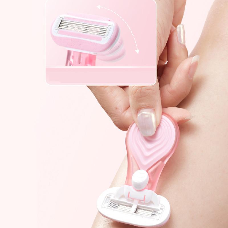 Manual Women's Razor With Five-blade Technology In Peach Pink Short Handle Includes One Razor Handle One Blade Head And Storage Case