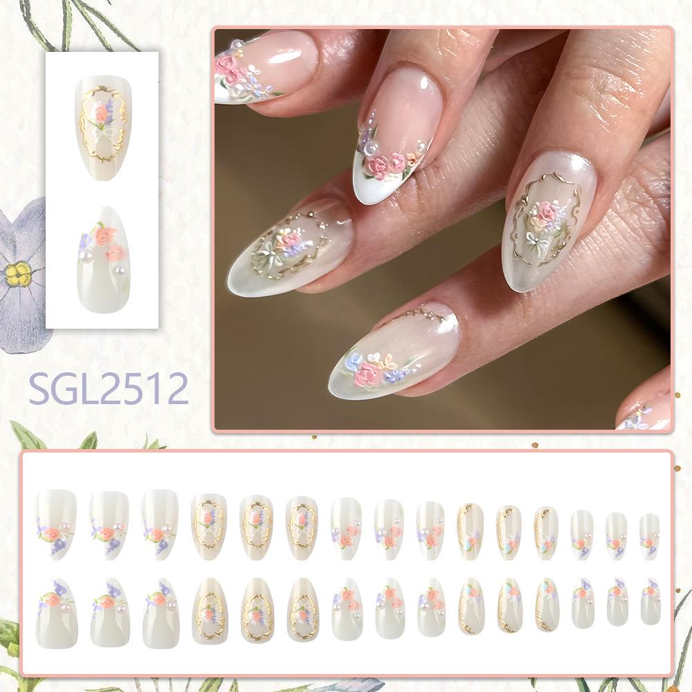 30pcs 3D Floral French Almond Fake Nails for Spring/Summer Manicures