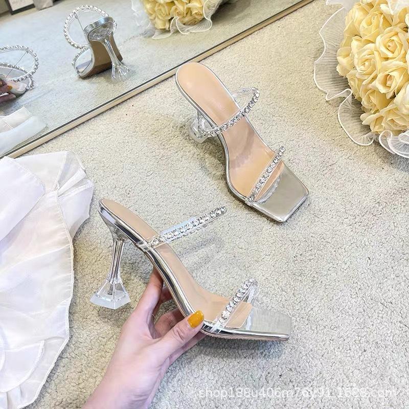 2025 Summer Versatile New Rhinestone One-word with Open-toed Sandals Internet Celebrity French High Heels Women's Stiletto Slippers