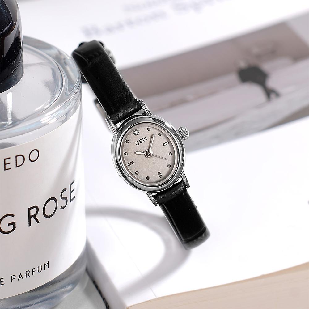 GEDI Vintage Malé hodinky Dámské Elegantní Oválné Kožený řemínek Quartz Dámské hodinky Náramkové Vodotěsné Módní
