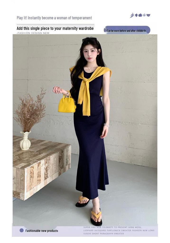 2026 Summer Elegant Maternity Tank Dress & Knit Shawl Two-Piece Set