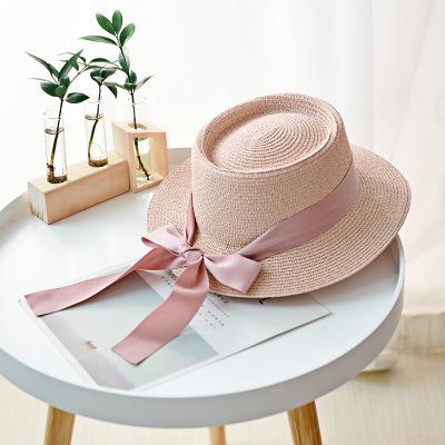 Ymsaid New Summer Sun Hats Women Fashion Girl Straw Hats Ribbon Bow Beach Hat Casual Straw Flat Top Panama Hat Bone Feminino