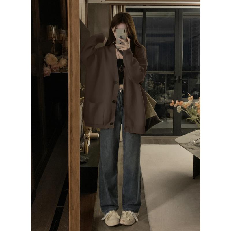 Weicher wachsartiger lässiger Windpullover Cardigan Damen Frühling und Herbst neu hochwertig V-Ausschnitt dünner Strickmantel