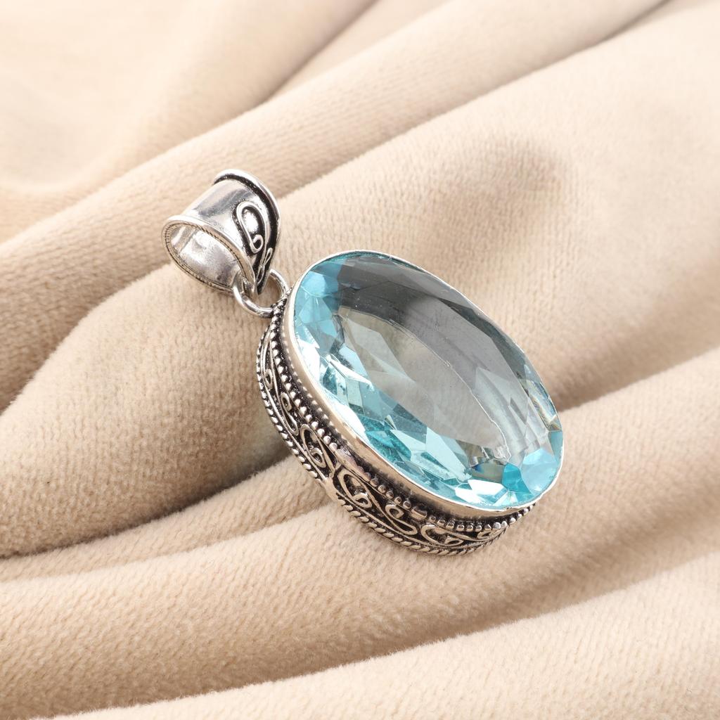 Sky Blue Topaz Gemstone 925 Sterling Silver Jewelry Designer Oval Pendant 1.8" For Birthday Gift PP-71-2