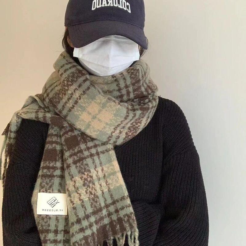 Korean Style Plaid Mohair Scarf - Women's Winter Imitation Cashmere Shawl