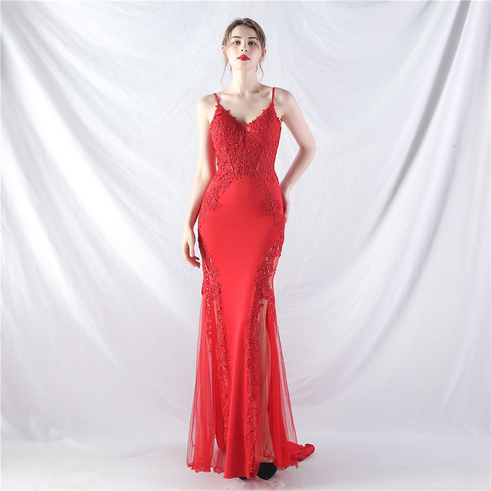 Lace Lace Permed Fishbone Vest Waist Low Chest Off The Shoulder High-end Small Trailing Evening Dress