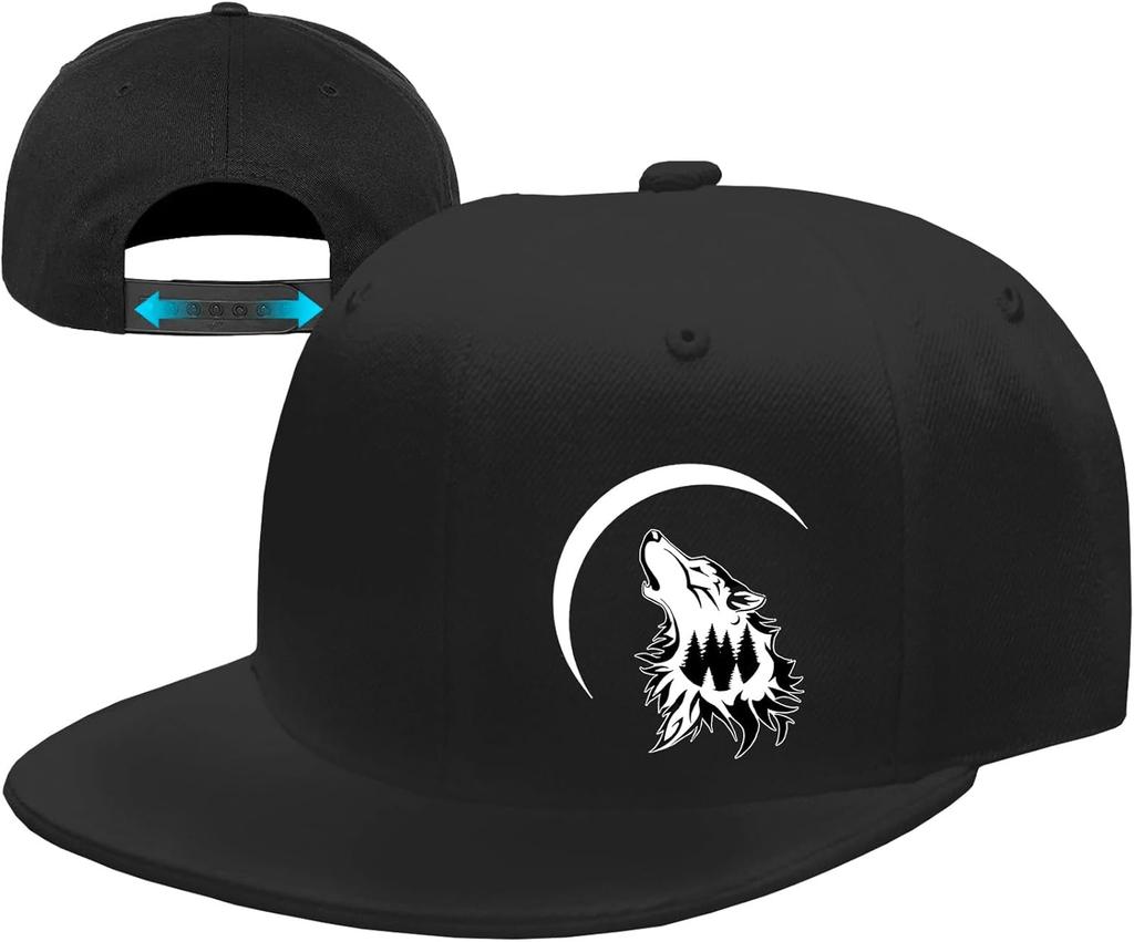 Wolf Howling at Moon Graphic Flat Brim Snapback Cap Polyester Adjustable Baseball Hat for Adults