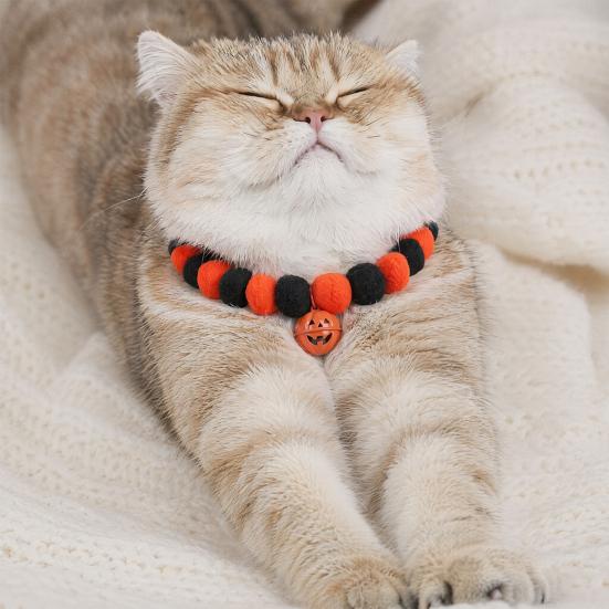 Small Dog Collar for Halloween Pom-Pom Pet Collar, Cute Stretch Cat with Pumpkin Stretchy Bell, Soft Black Orange Pom-Poms Cats Dogs