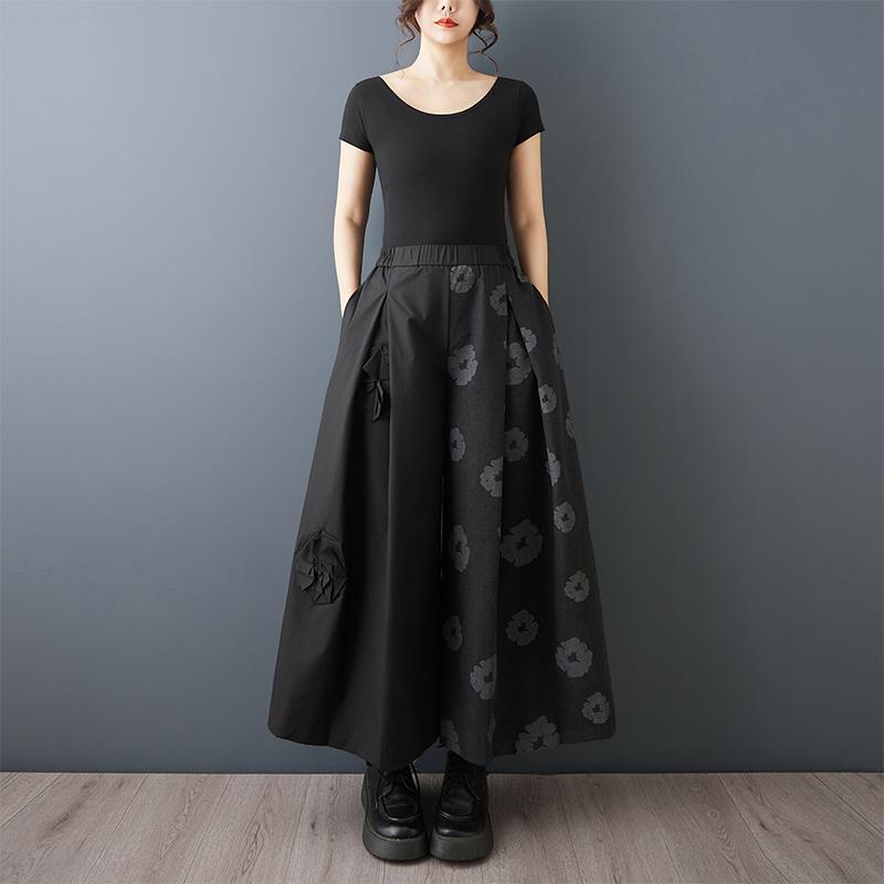 DIMANAF 2026 Plus Size Women New Long Pants Black Floral Loose Trousers Big Size Casual Spring Summer Bottoms Skirts