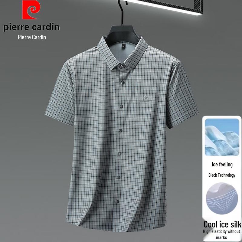 Pierre Cardin Men's Ice Silk Plaid Short-Sleeve Casual Shirt