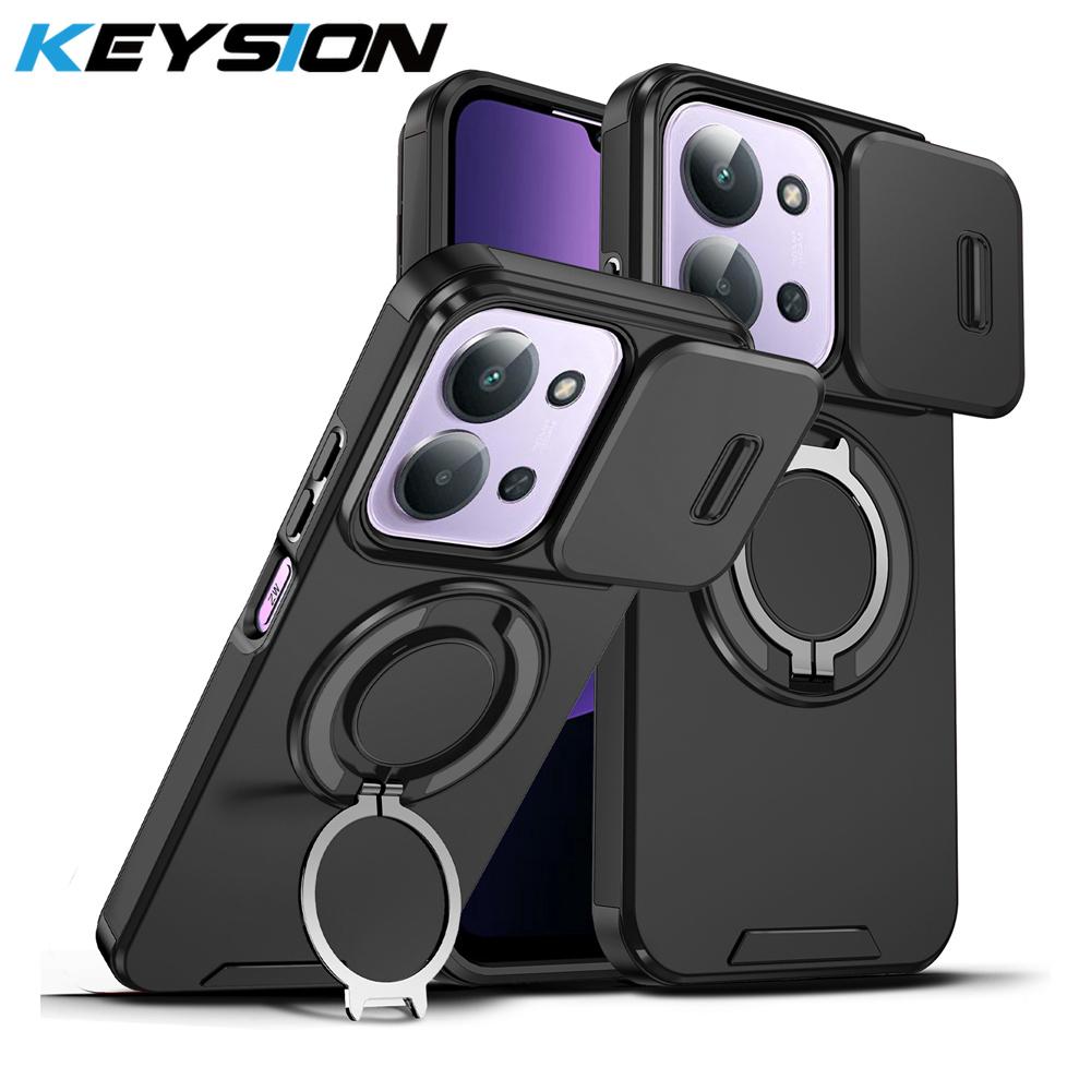 KEYSION 360° Ring Stand Phone Case for Redmi 15C 171mm 173mm Slide Camera Protection Magnetic Shockproof Cover for Xiaomi POCO C85