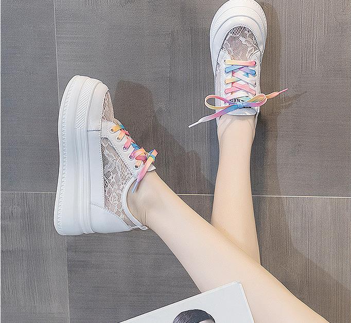 8cm Lace Air Mesh Chunky Sneakers Wedge Platform Breathable Hollow Vulcanized Summer Spring Fashion Cow Genuine Leather Ladies