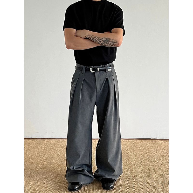 Blaexit American-Style Cleanfit Pleated A-Line Dress Pants for Men, High-End Straight-Leg Loose Old Money Style Trousers