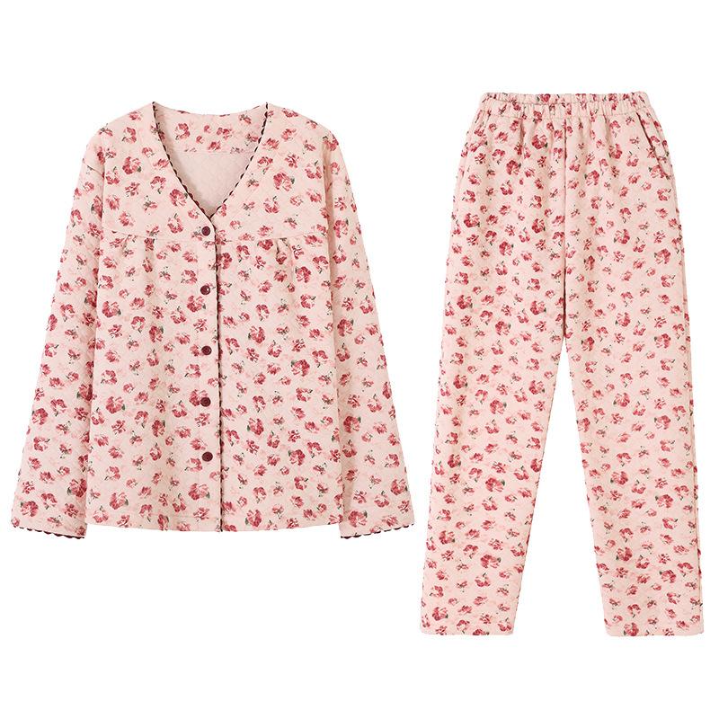 Air Cotton Pajamas Women'S Spring And Autumn Thickened Cotton Long-Sleeved Interlayer Loungewear Autumn And Winter Middle-Aged Mothers Can Wear