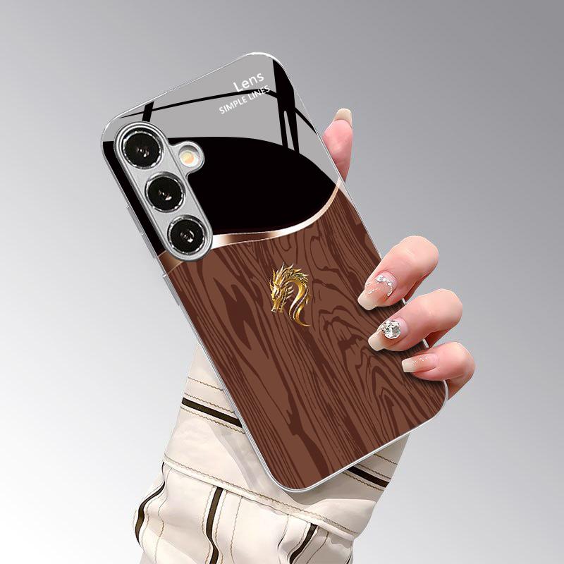 Wood Grain Golden Dragon Pattern 2D Phone Case for Samsung S26 S25 S24 S23 S22 S21 S20 A56 A36 A16 - Glass Protective Cover