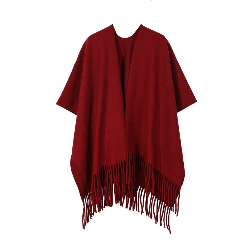 Solid Beige Tassel Hem Open Front Poncho Cape Soft Faux Cashmere Wrap Shawl for Women