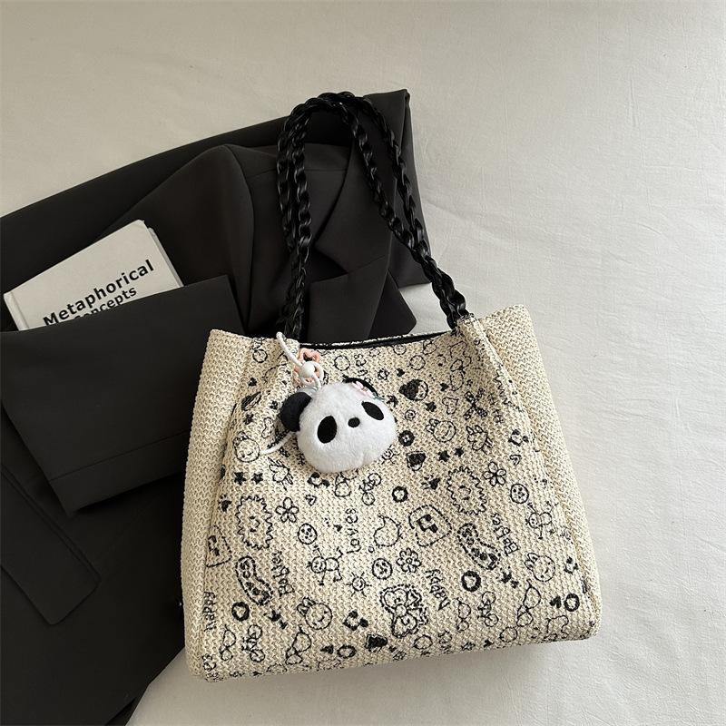 Korean leopard print handbag autumn and winter retro woven knitted bag fashionable large-capacity tote bag female cute student