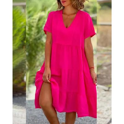 Fashion Short Sleeve V Neck Summer Dress New Loose Casual Women Elegant A-line Party Short Dresses Female Simple Sweet Solid Color Ruffled Clothing