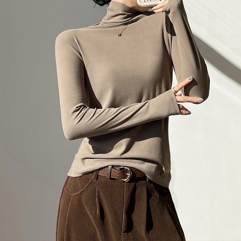 Solid Color Turtleneck Bottoming Shirt for Women with Spring and Autumn New Foreign Style Apricot Long-sleeved T-shirt Polished Comfortable Top