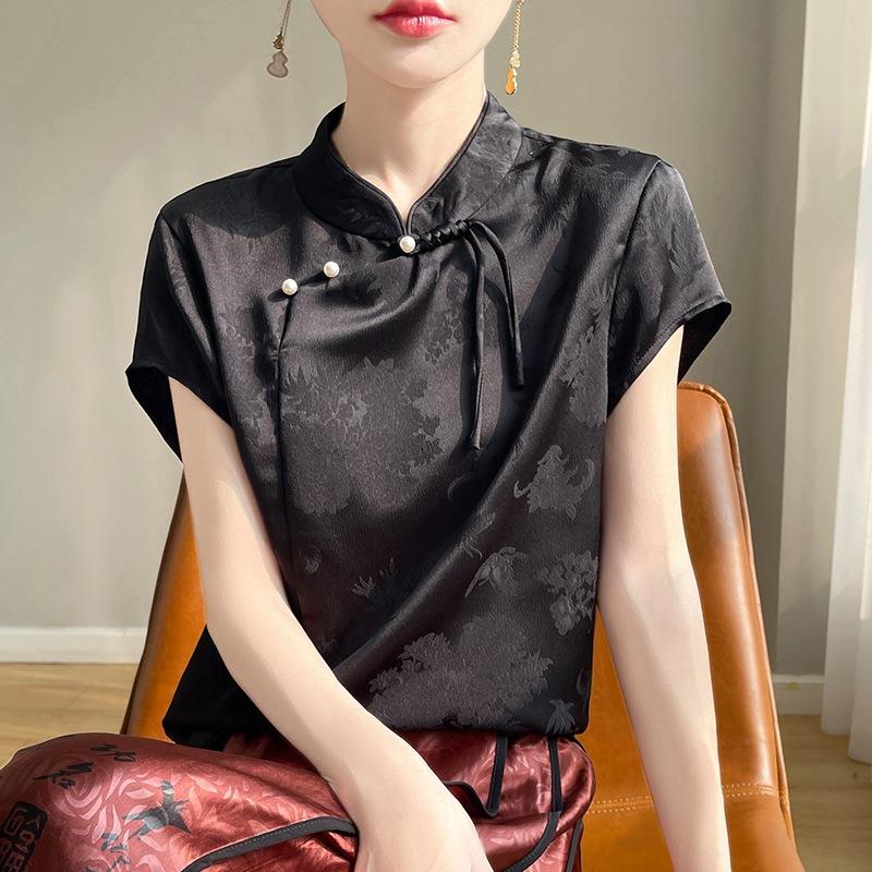 Letní dámské tričko Silk Standing Collar Plate Button Tričko Vintage potištěné saténové topy s krátkým rukávem