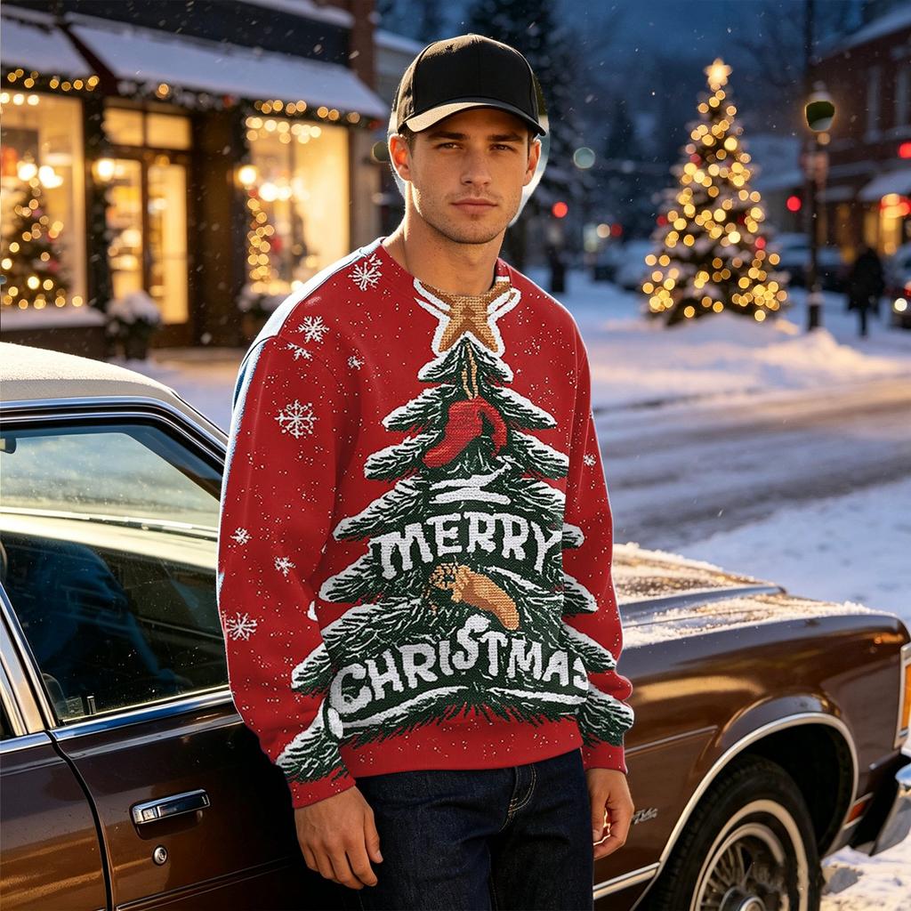 Men's Casual Loose Fit Long Sleeve Round Neck Printed Top for Everyday Wear