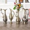 Contemporary Vintage Antique Bronze Metal Vases Geometric Embossed Texture Artistic Decors Flower Arrangement Container