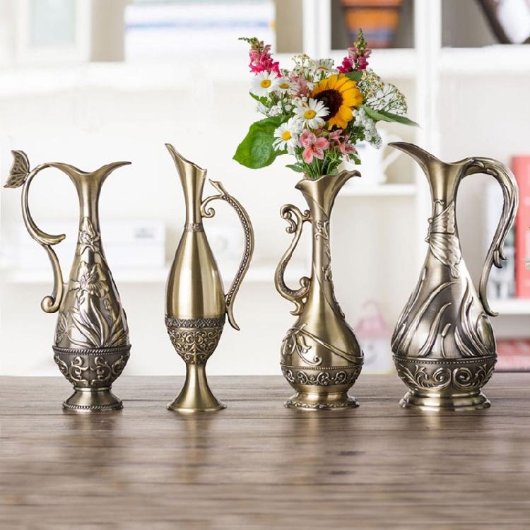 Contemporary Vintage Antique Bronze Metal Vases Geometric Embossed Texture Artistic Decors Flower Arrangement Container