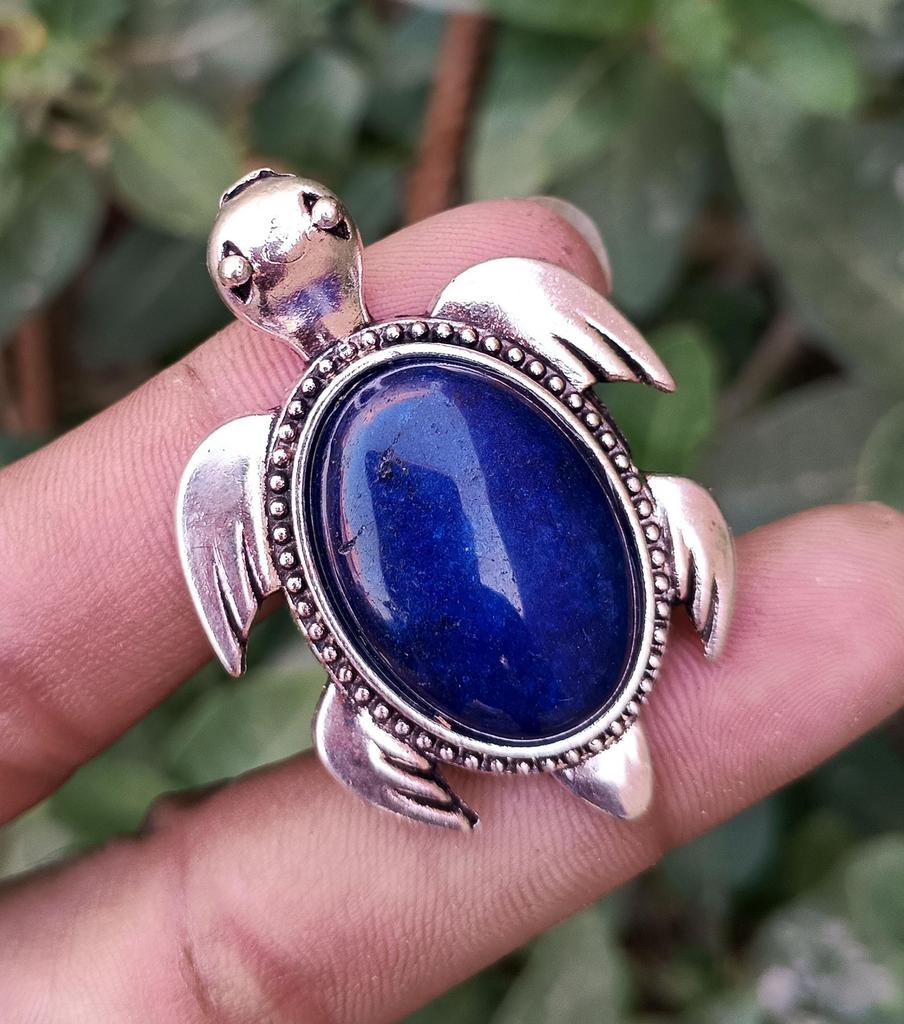 Lapis Lazili Gemstone Tortoise Shape Silver Plated Pendant Fashion Jewelry