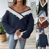 Pearl Bead Top European and American Women's Clothing Contrasting Color Splicing Large V-neck Loose Woven Sweater Pullover Sweater