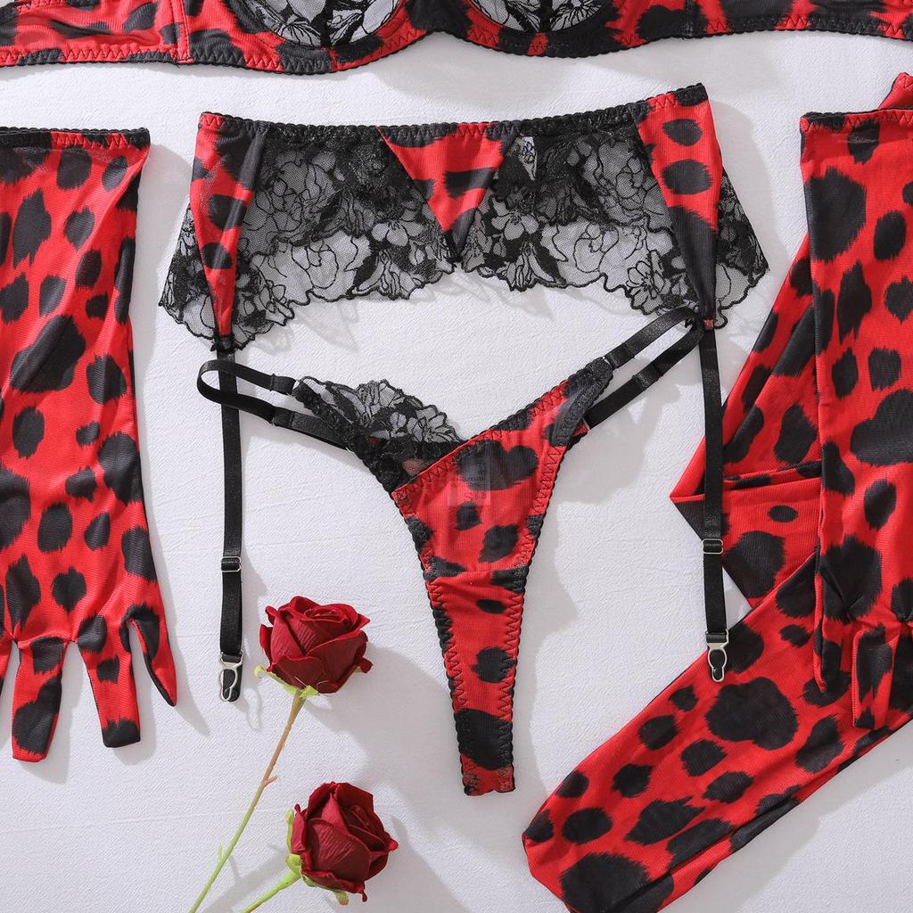 Sexy Damen-BH-Set Leopardenmuster Spitze Spleißung Dessous Mode Bequem 5-teiliges Dessous-Set